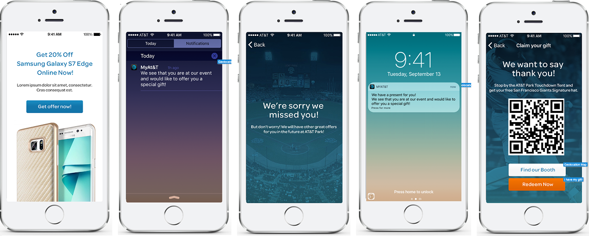 Mobile app mockups displaying geolocation-based promotional notifications and ad serving interface design for AT&T MyAT&T app