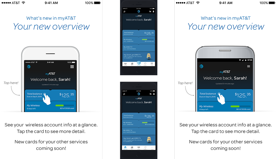 MyAT&T native app tabbed navigation iOS Android prototype two versions comparison interface design