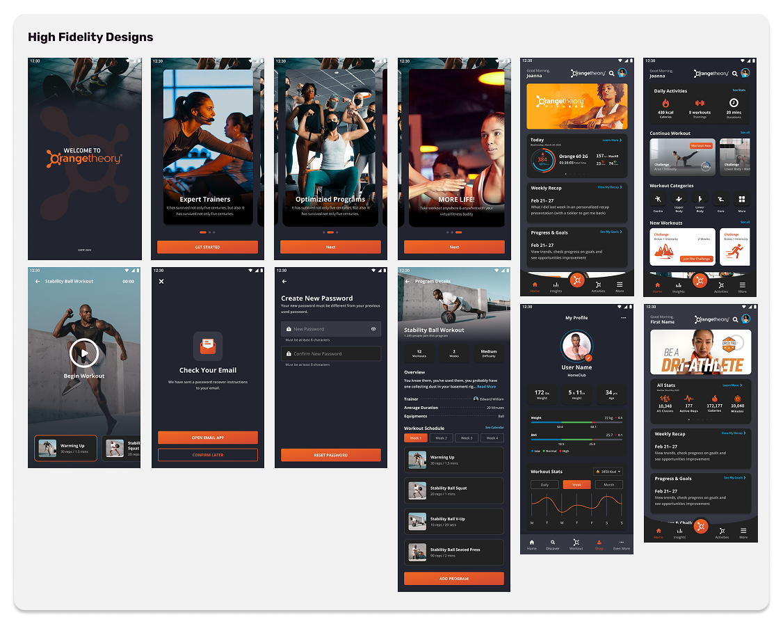 orangetheory dark phoenix wireframes concepts sketches app redesign dark mode accessibility features